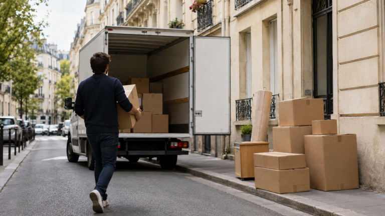 Un petit camion de déménagement aux portes ouvertes dans une rue de ville française, des cartons empilés sur le trottoir et une silhouette de dos portant une caisse.