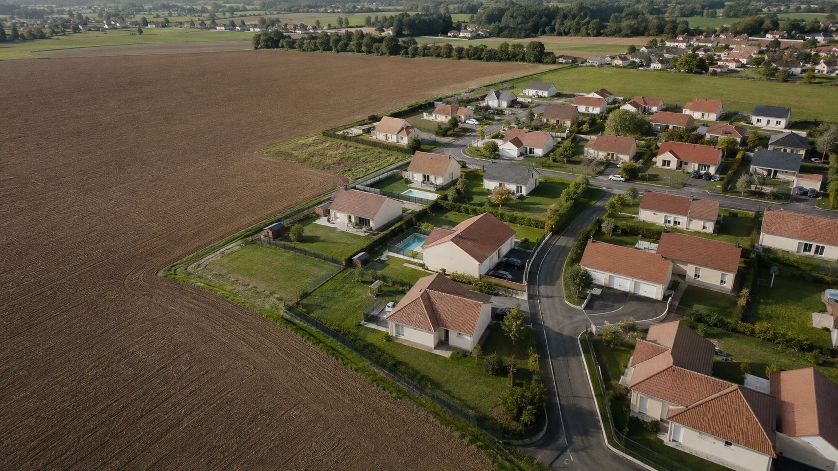 Vue aérienne oblique d’un lotissement périurbain français de maisons récentes en bordure de champs labourés.