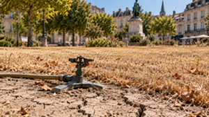 Pelouse d’un square municipal français brunie par la sécheresse, arroseur à l’arrêt sur la terre craquelée.