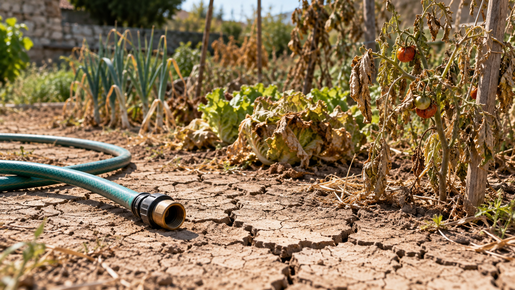 Tuyau d’arrosage posé au sol sur une terre craquelée, à côté d’un potager desséché.