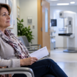 Une femme d’une cinquantaine d’années attend, sa lettre d’invitation à la main, devant une salle de mammographie.