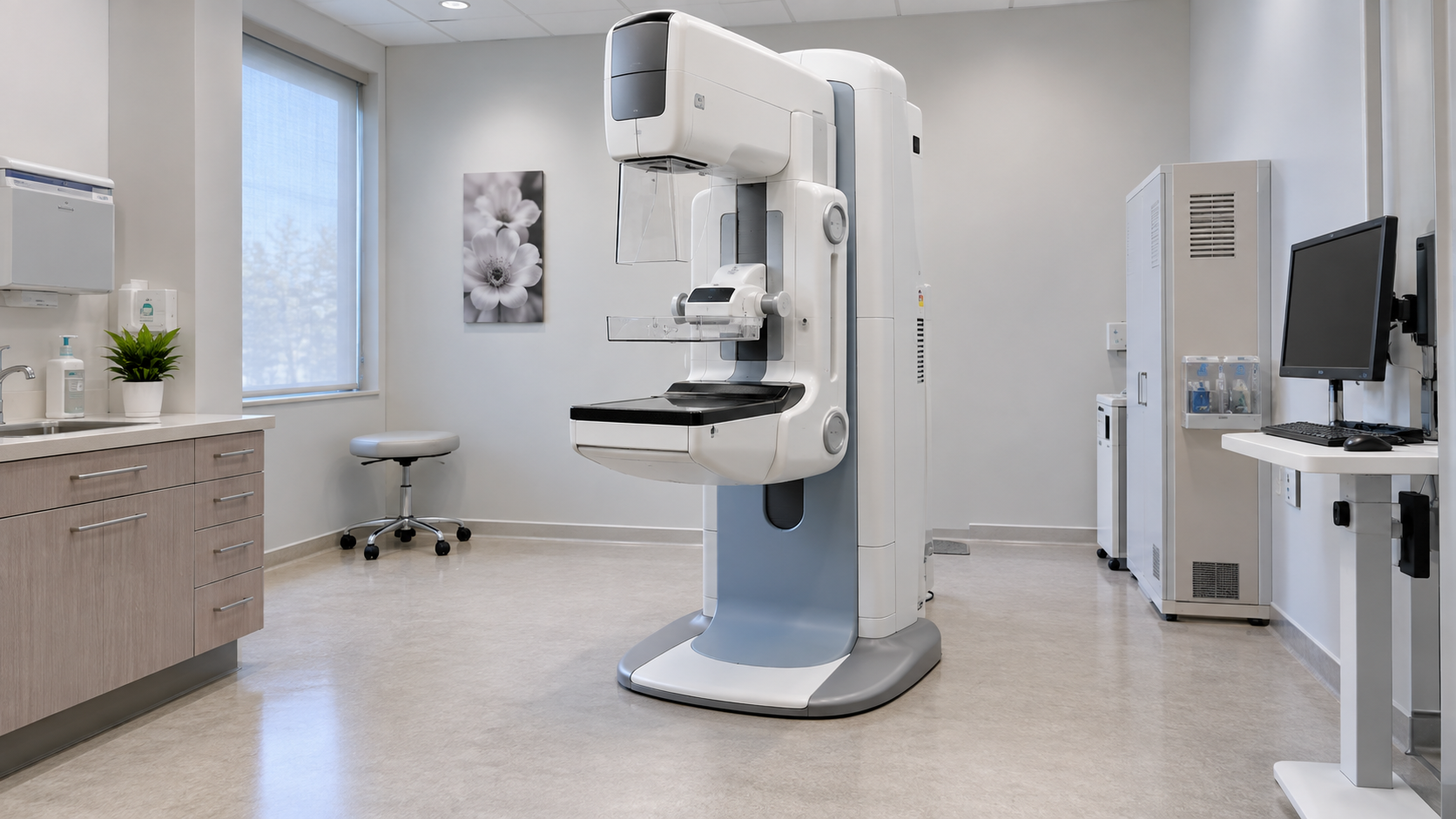 Salle de mammographie vide, l’appareil de dépistage au centre de la pièce.