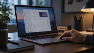 Une main posée sur le trackpad d’un ordinateur portable en aluminium, un panneau de réglages flou à l’écran.