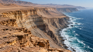 Falaises sédimentaires nues du désert d’Atacama tombant sur le Pacifique, sol pierreux craquelé sans la moindre végétation.