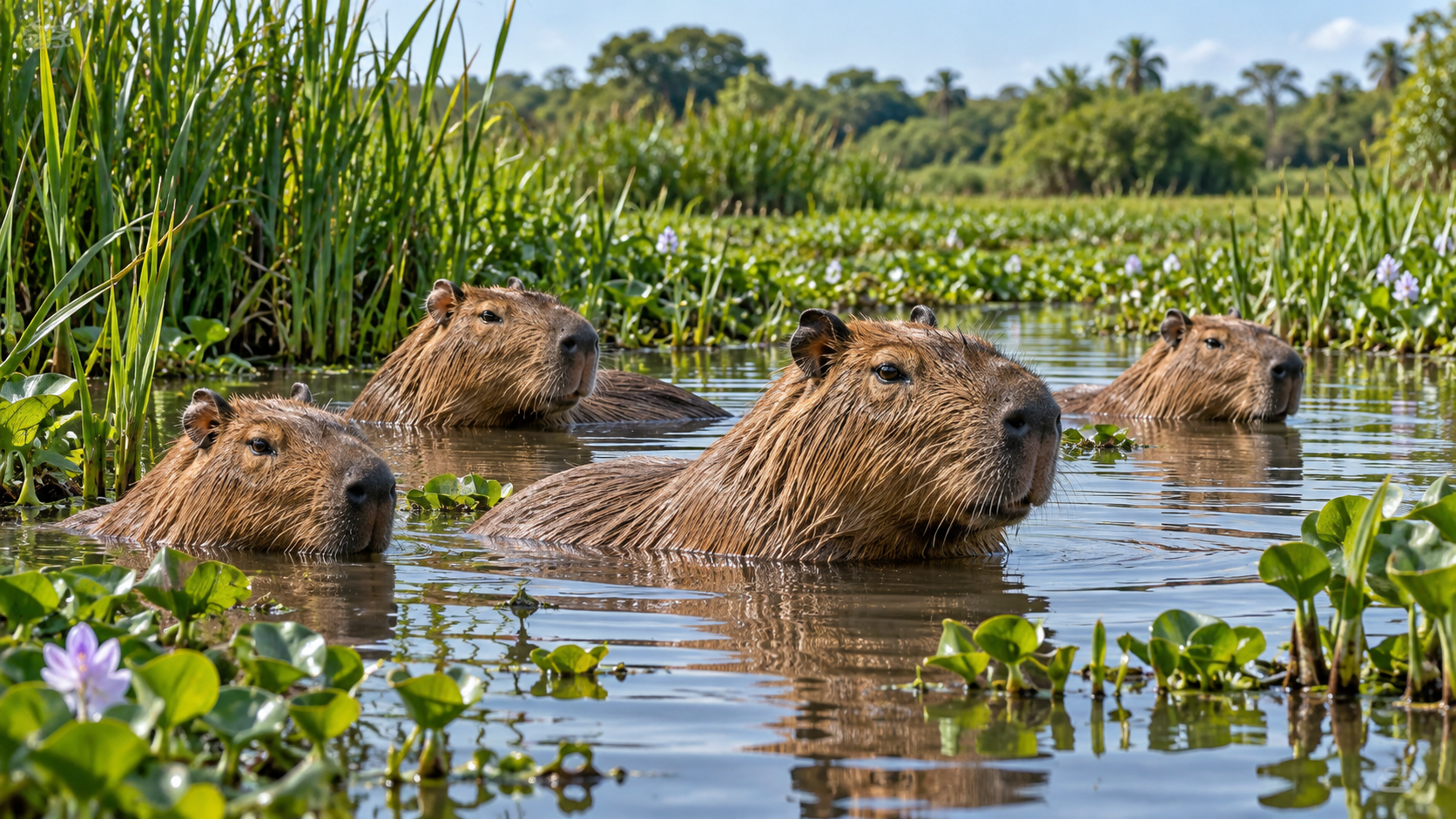 Plusieurs capybaras à demi immergés dans une zone humide d’eau douce, entourés de roseaux verts et de plantes aquatiques.