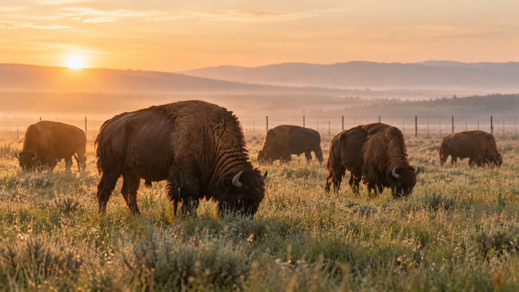 Petit troupeau de bisons broutant dans une prairie nord-américaine au lever du soleil, une clôture au loin.