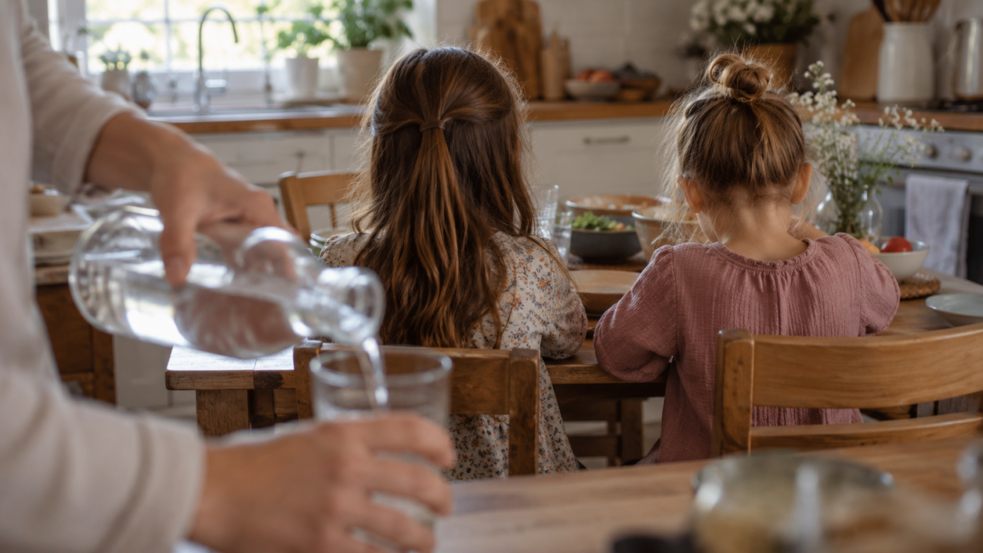 Deux sœurs de dos à la table de la cuisine, les mains d’un adulte qui verse de l’eau au premier plan.