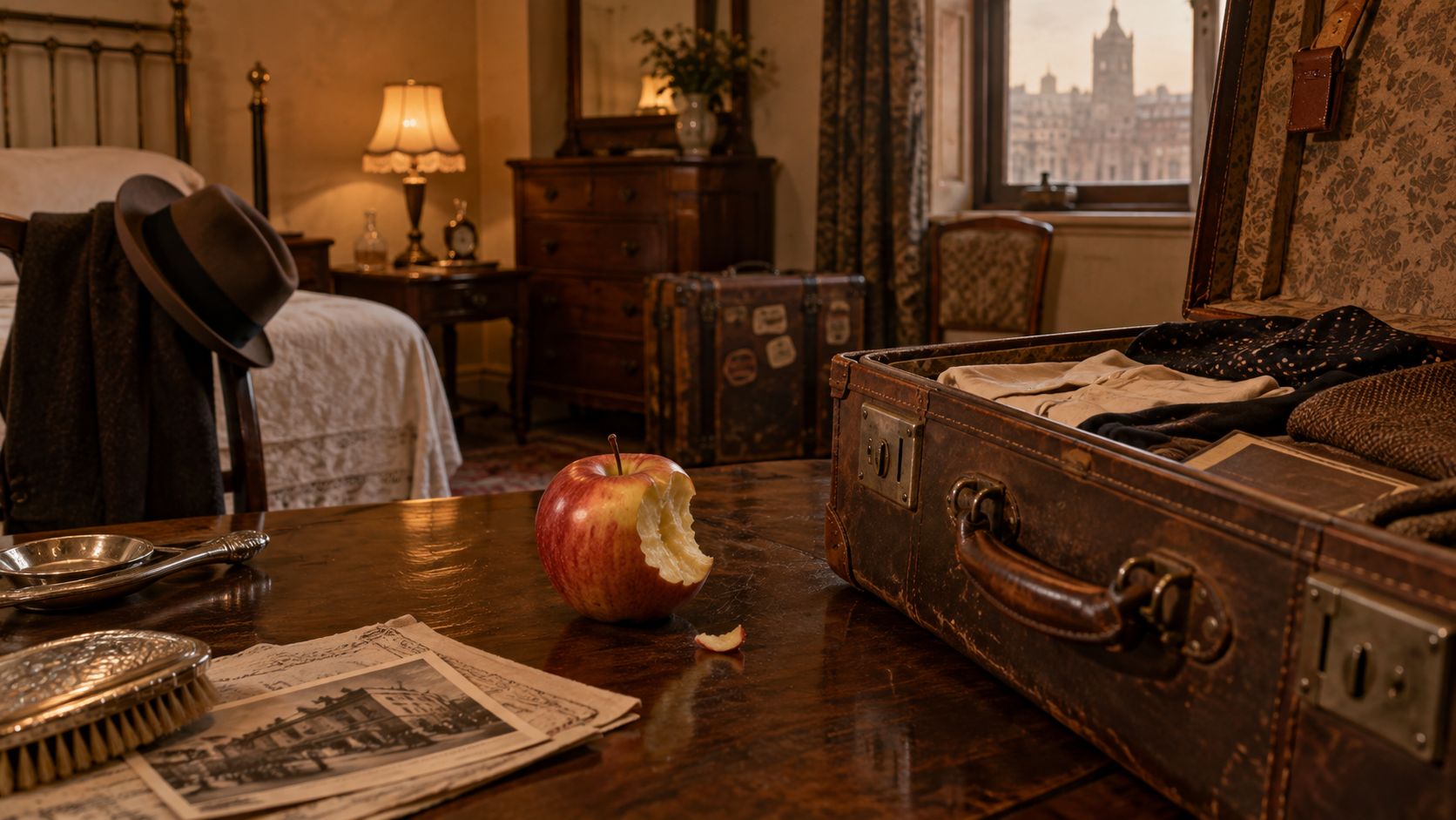 Pomme entamée posée sur une table de chambre d’hôtel des années 1920, à côté d’une valise en cuir ouverte