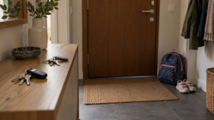 Un sac d’enfant et une paire de chaussures posés dans l’entrée d’un appartement, près de deux jeux de clés distincts.