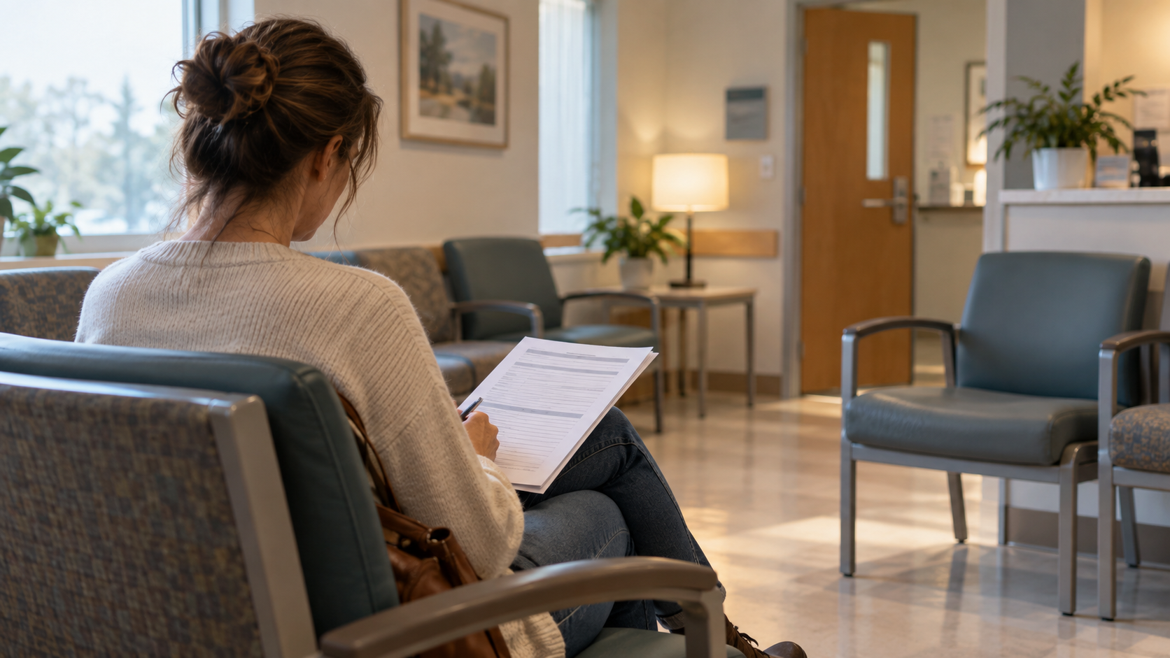 Une femme assise seule dans une salle d’attente médicale, un questionnaire de santé posé sur ses genoux.