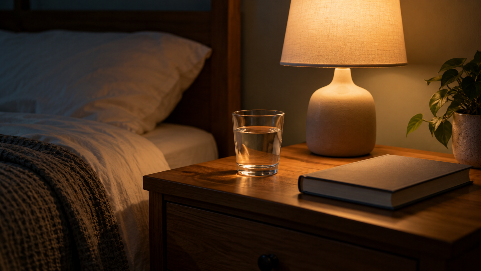 Une table de chevet éclairée par une petite lampe, avec un verre d’eau et un livre fermé, la nuit.