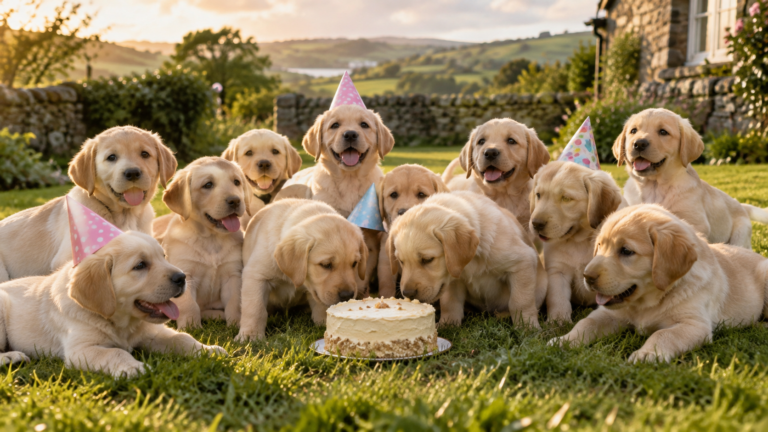 Un groupe de labradors sable rassemblés sur une pelouse autour d’un petit gâteau et de chapeaux de fête en papier.