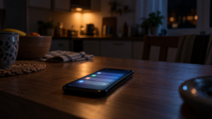 Un smartphone professionnel posé écran allumé sur une table de cuisine, le soir, dans une pièce plongée dans la pénombre.
