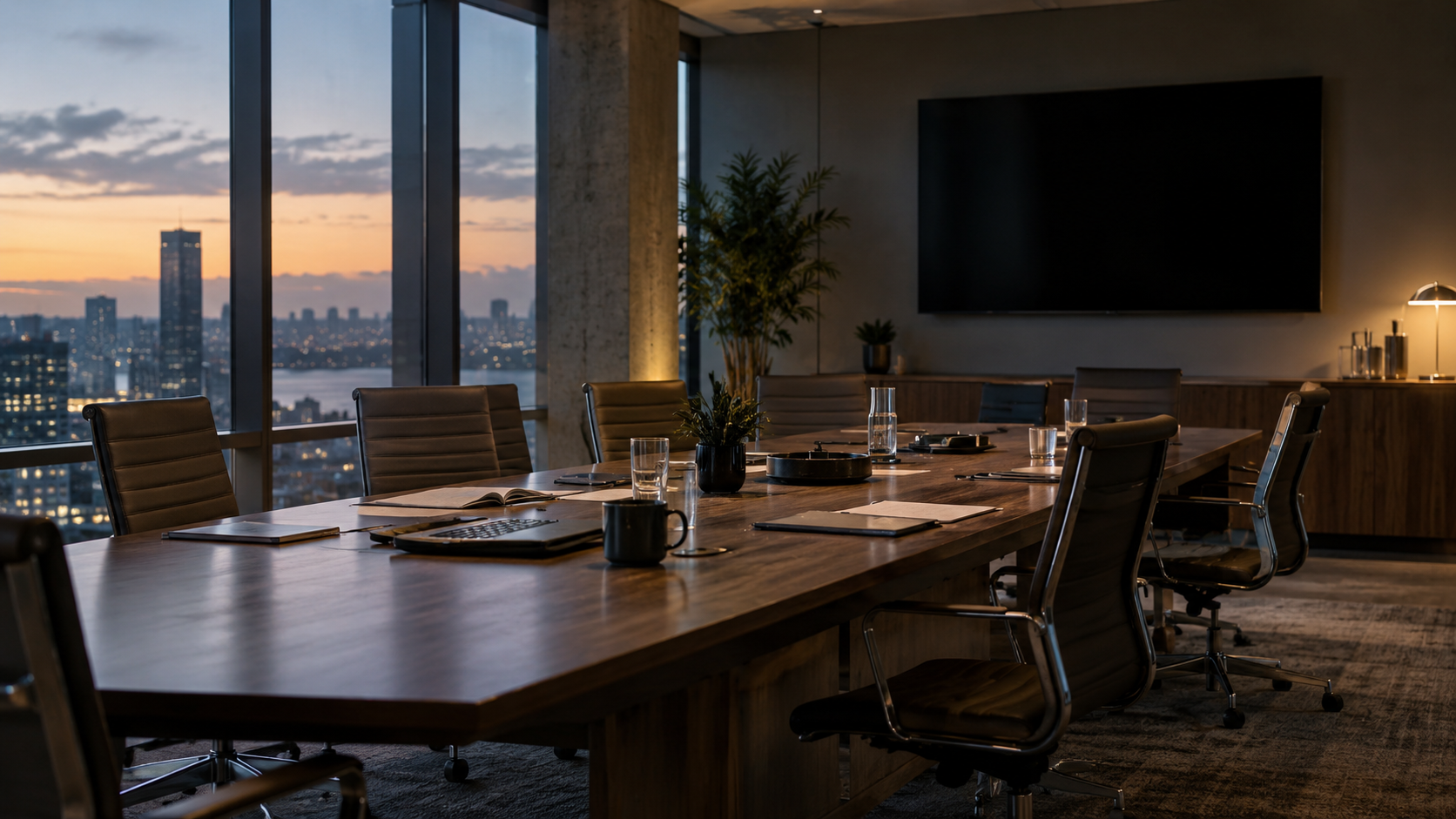 Une salle de réunion d’entreprise vide en fin de journée, table longue, chaises écartées, écran éteint au mur.