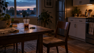 Une chaise écartée d'une table de cuisine, des clés et une tasse froide laissées dans un appartement vide au crépuscule.
