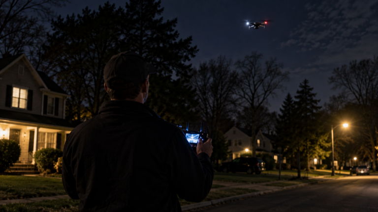 De dos, un homme tient une télécommande de drone éclairée dans une rue pavillonnaire de nuit, un quadricoptère en vol au-dessus des arbres sombres.