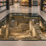 Dalle de verre encastrée dans le sol d'un supermarché, laissant voir des fondations de pierre en contrebas, entre deux rayons de produits ménagers.