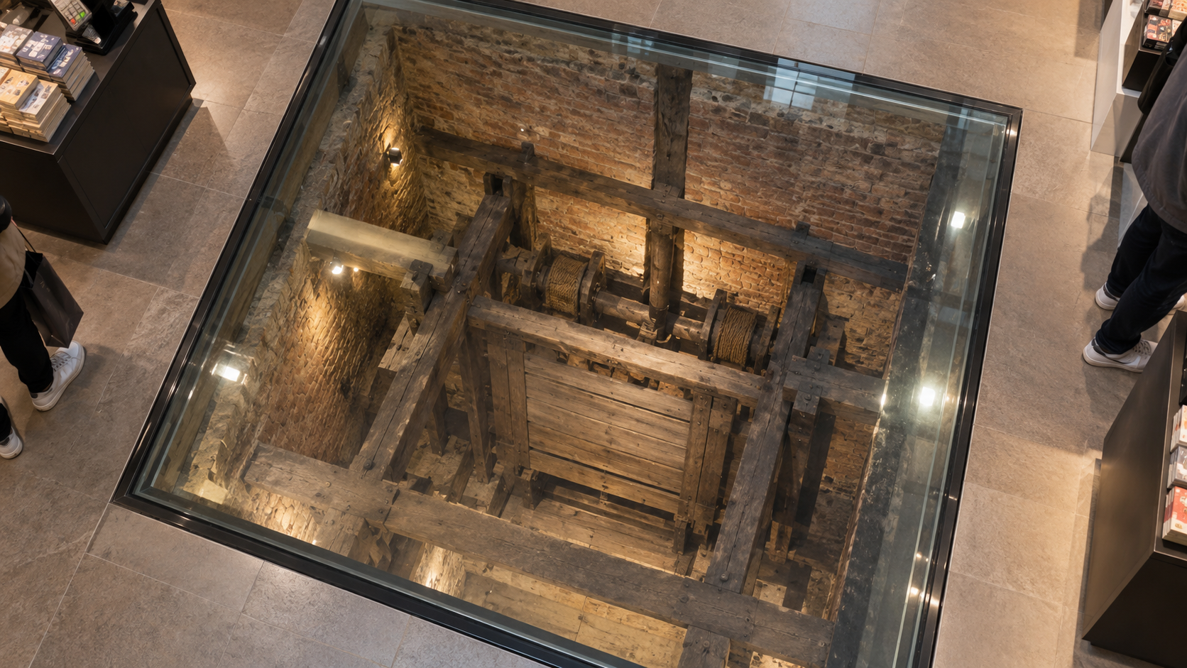 Vue plongeante à travers un panneau de verre posé au sol, sur une fosse en briques abritant un mécanisme de trappe de scène en bois.