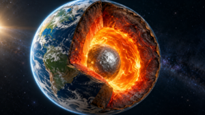 Coupe de l’intérieur de la Terre : la graine de fer solide au centre, cernée par le noyau liquide en fusion et le manteau rocheux.