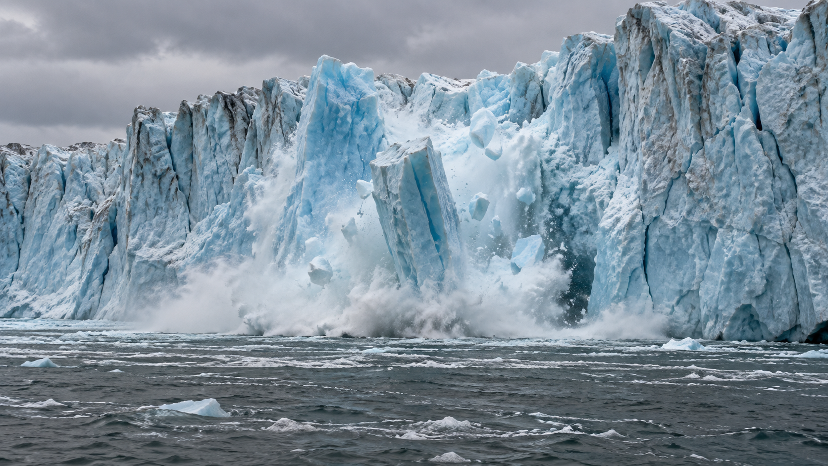 Front d’un glacier qui se détache en blocs dans une mer grise sous un ciel couvert.