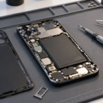 Un smartphone sans marque posé dos ouvert sur un tapis de réparation, entouré d’un tournevis et d’une pince.