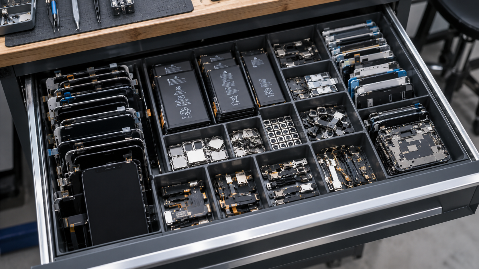 Un tiroir d’atelier rempli de compartiments d’écrans, de batteries et de connecteurs de rechange.