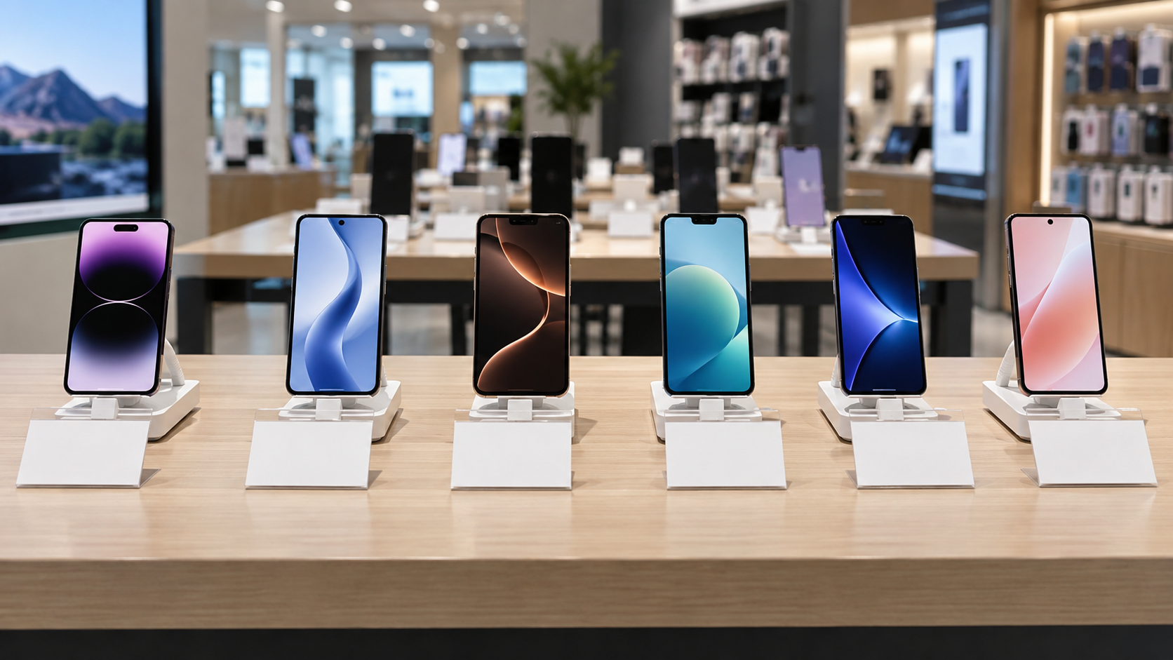 Un rayon de magasin avec plusieurs téléphones sur socles et des porte-étiquettes vierges devant chacun.