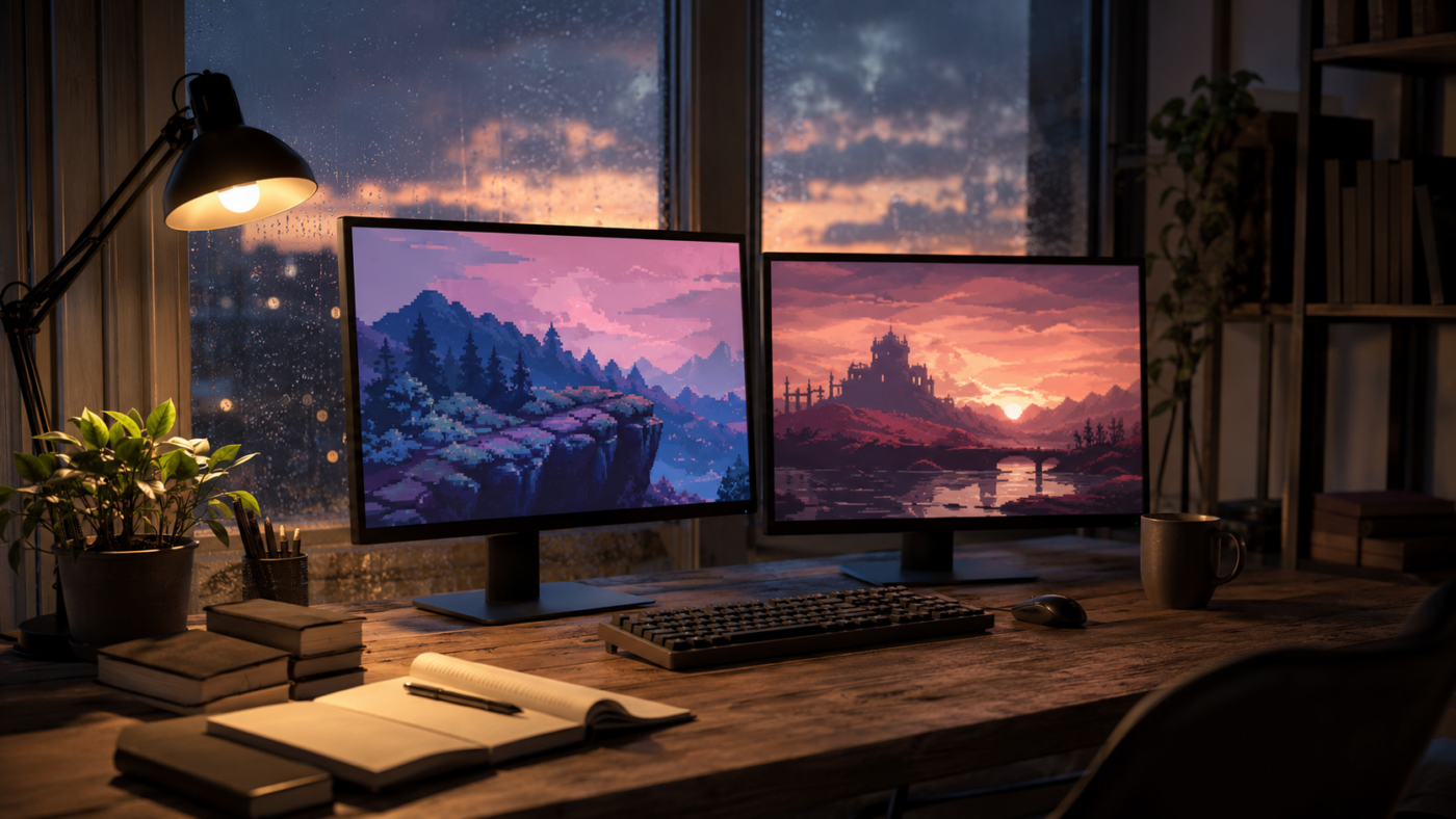 Bureau d’un petit studio de jeu vidéo américain, deux écrans allumés devant une fenêtre battue par la pluie.