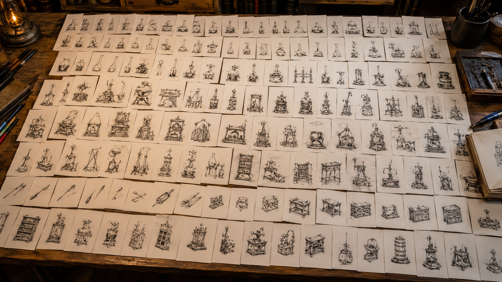 Des centaines de petits croquis d’objets de laboratoire alignés en rangées sur le bureau d’un illustrateur.