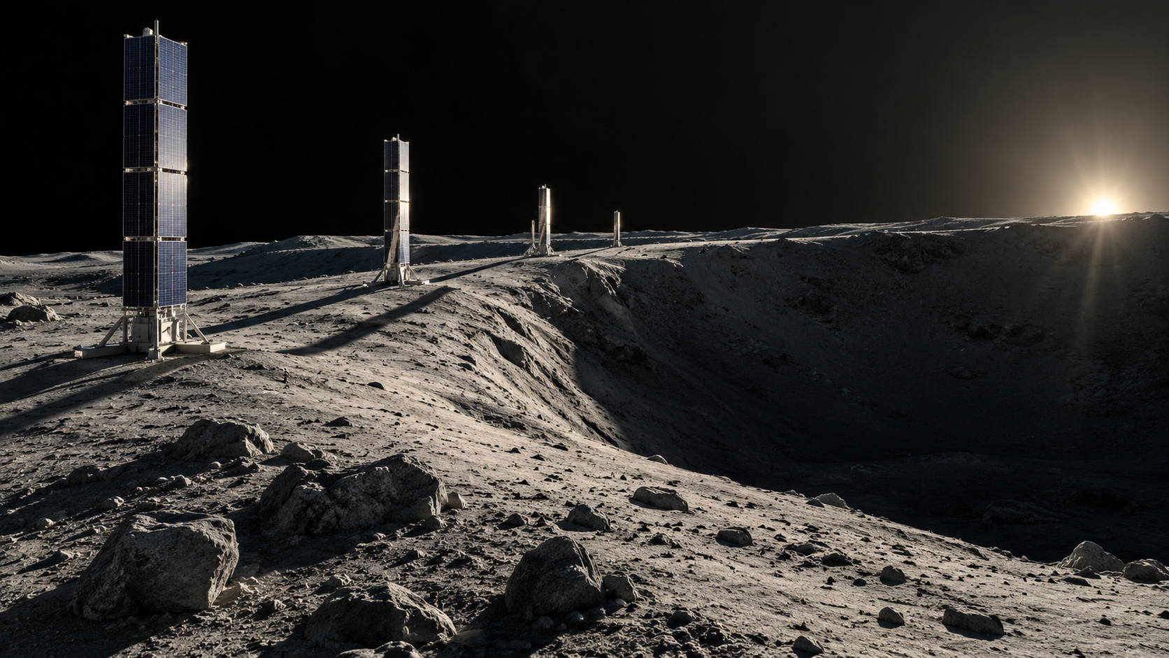 Tours de panneaux solaires dressées sur la crête d'un cratère polaire lunaire, sous un soleil rasant et de très longues ombres.
