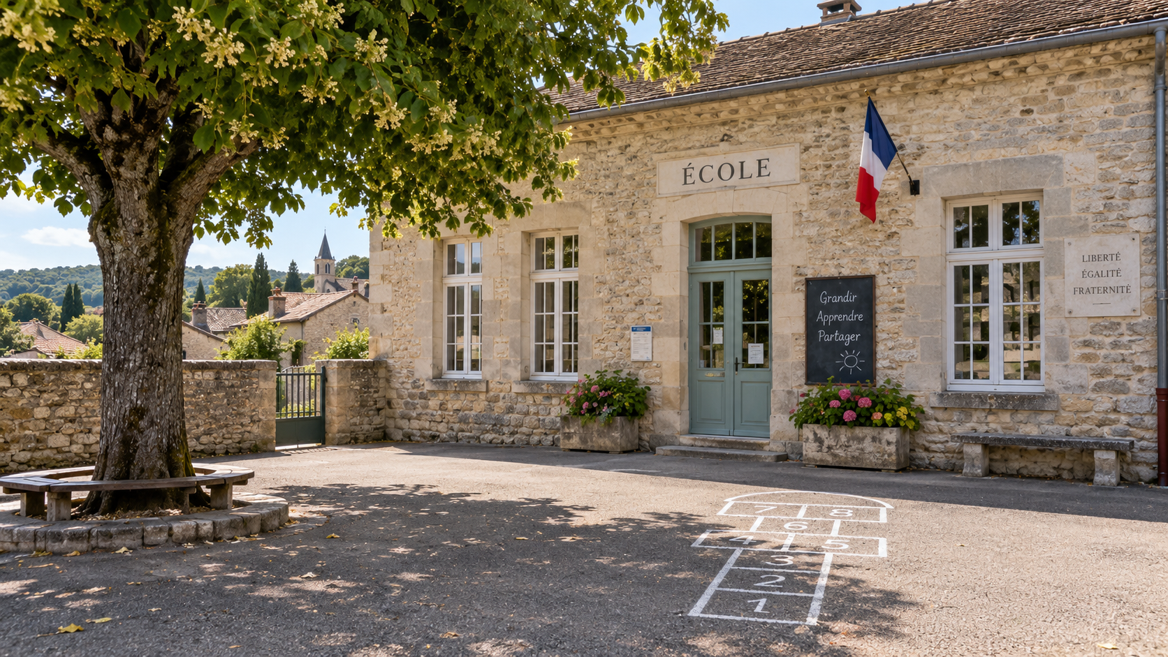 Petite école de village française en pierre, cour avec un tilleul et une marelle peinte au sol, drapeau tricolore sur la façade.
