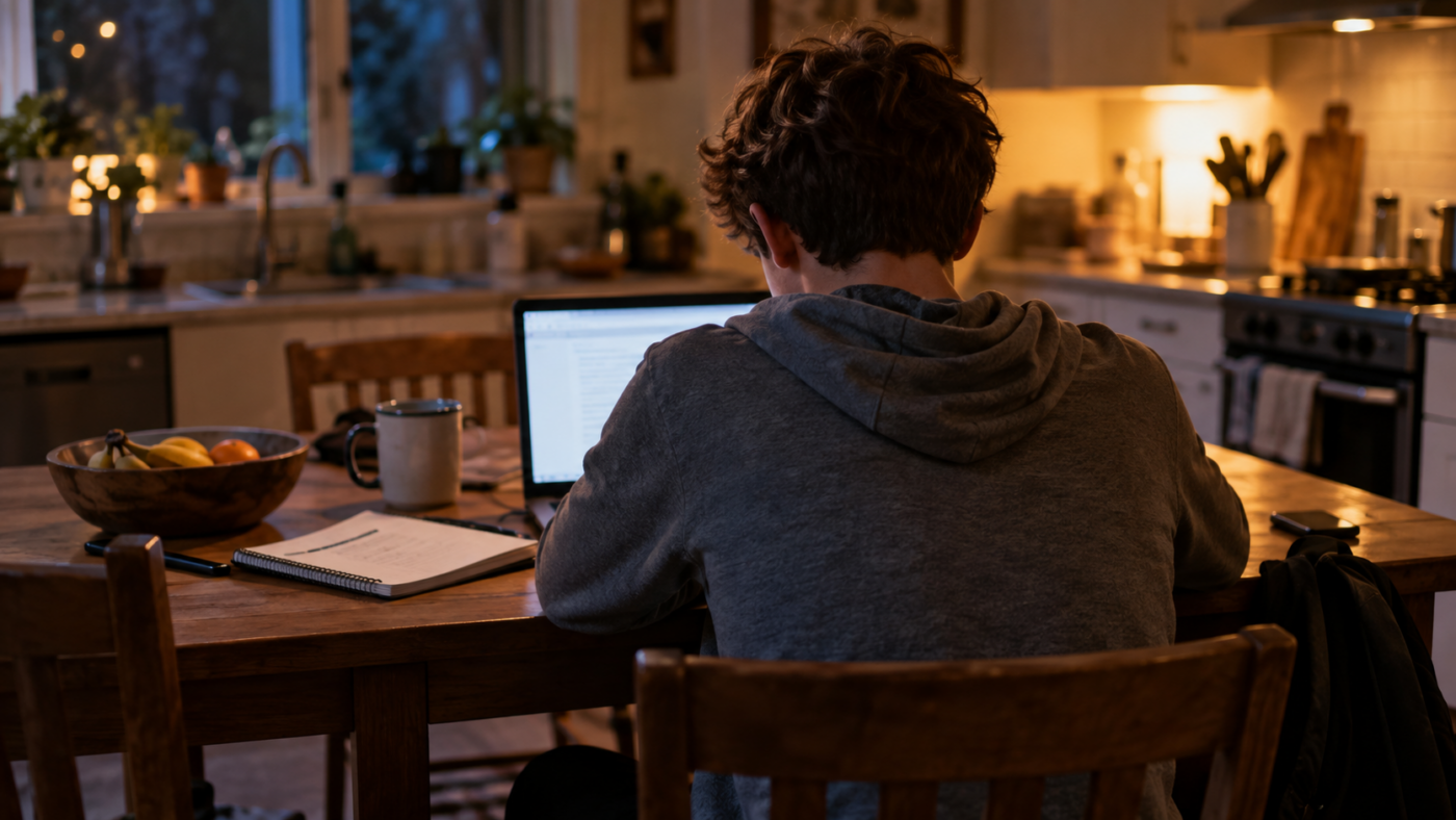 Un adolescent vu de dos devant un ordinateur portable posé sur une table de cuisine, en fin de journée.