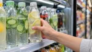 Une main attrape une bouteille d'eau aromatisée transparente sur un rayon réfrigéré de supermarché.