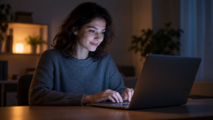 Une personne assise devant un ordinateur portable dans une pièce sombre, les doigts au-dessus du clavier, un léger sourire aux lèvres.