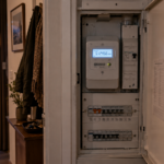 Tableau électrique ouvert dans l’entrée d’un logement, compteur numérique allumé à la tombée du jour.