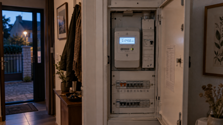 Tableau électrique ouvert dans l’entrée d’un logement, compteur numérique allumé à la tombée du jour.