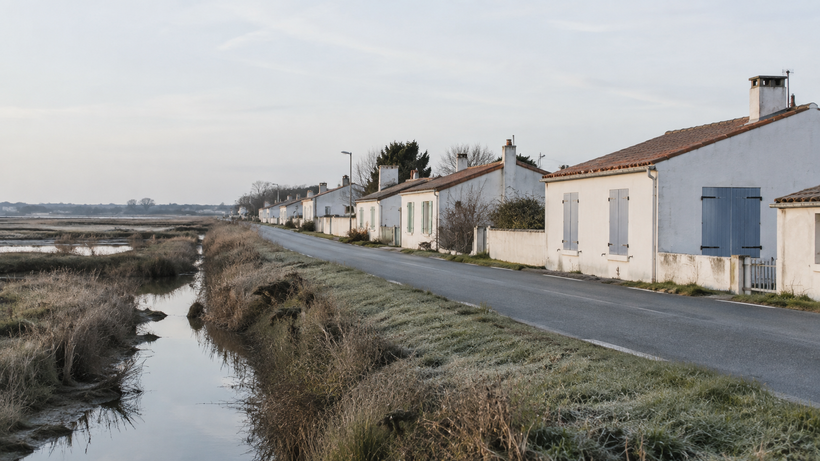 Rangée de maisons basses aux volets clos le long d’une route de marais, en hiver.