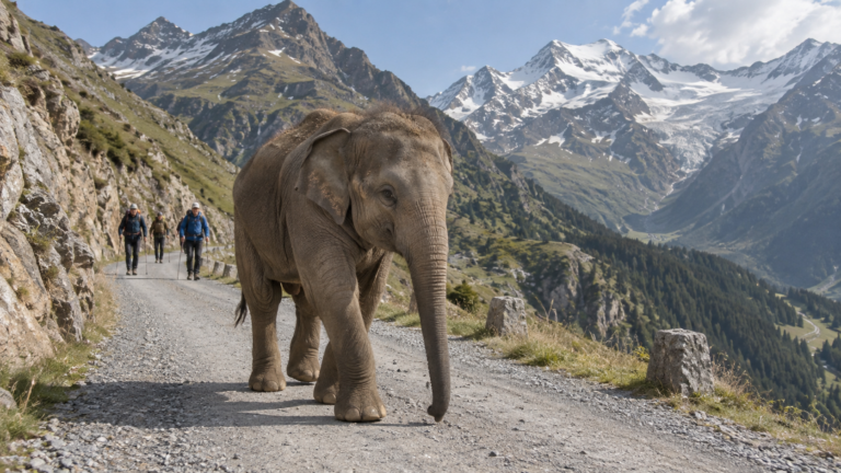 Une jeune éléphante d’Asie marche sur une route de montagne alpine, accompagnée à distance par un petit groupe de marcheurs.
