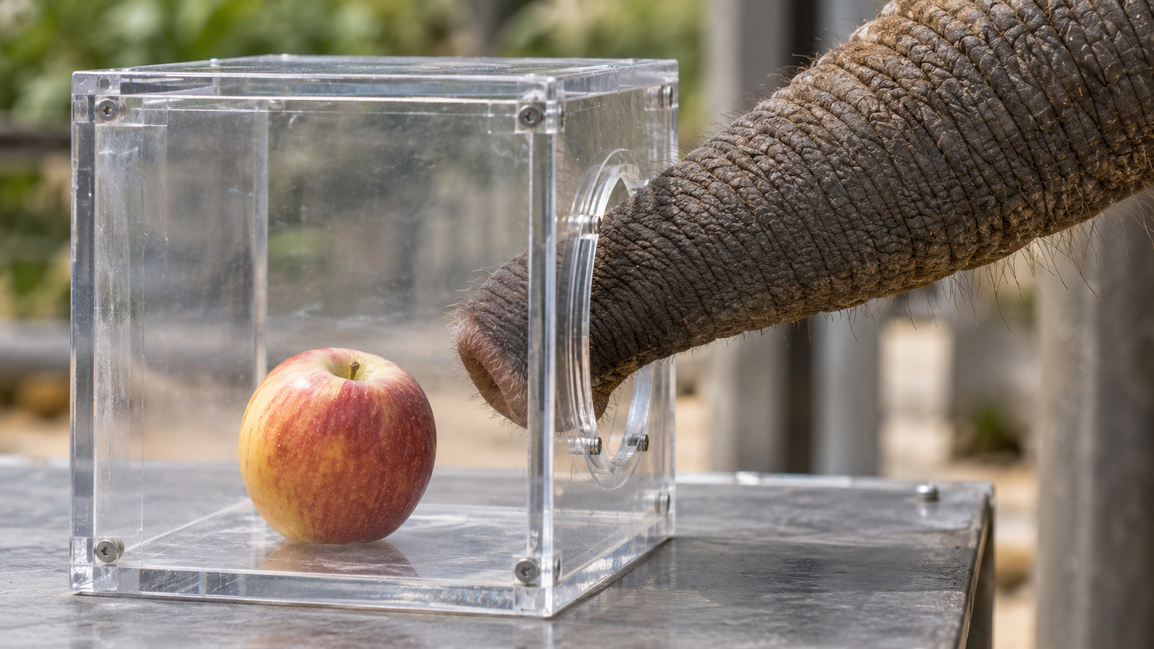 Le bout d’une trompe s’engage par l’ouverture latérale d’un cube transparent contenant un fruit.