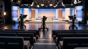 Gradins vides d’un studio de télévision vus de l’arrière, plateau éclairé et caméras au fond.