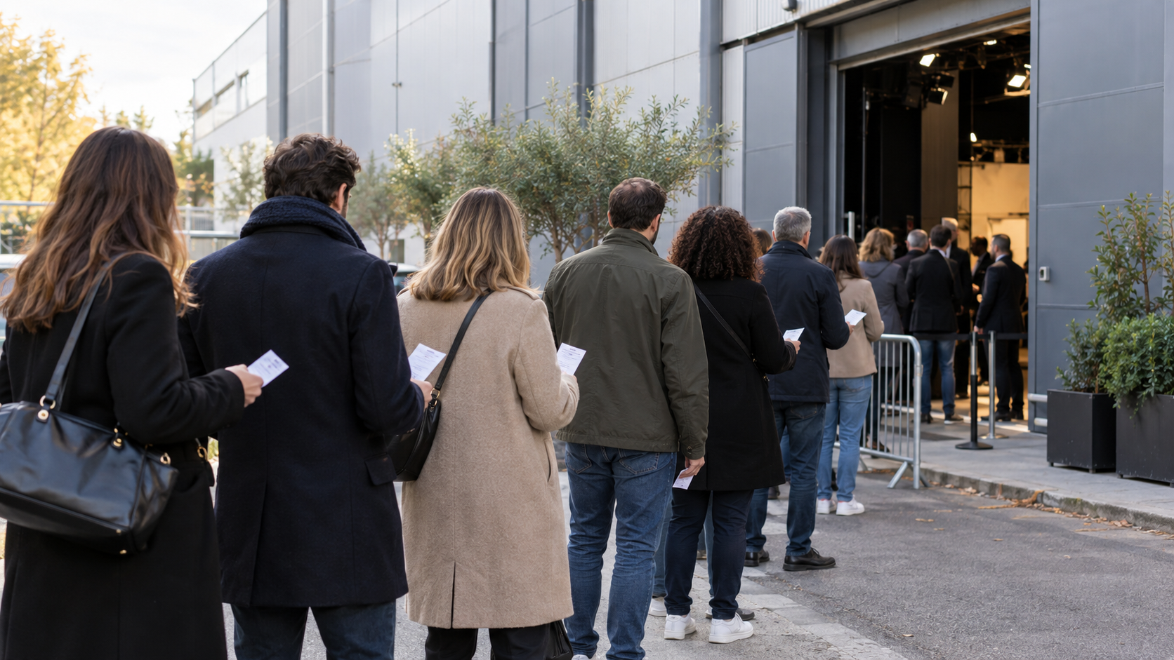 File d’attente d’adultes sur un trottoir devant un bâtiment de studio en banlieue parisienne, une carte d’identité à la main.