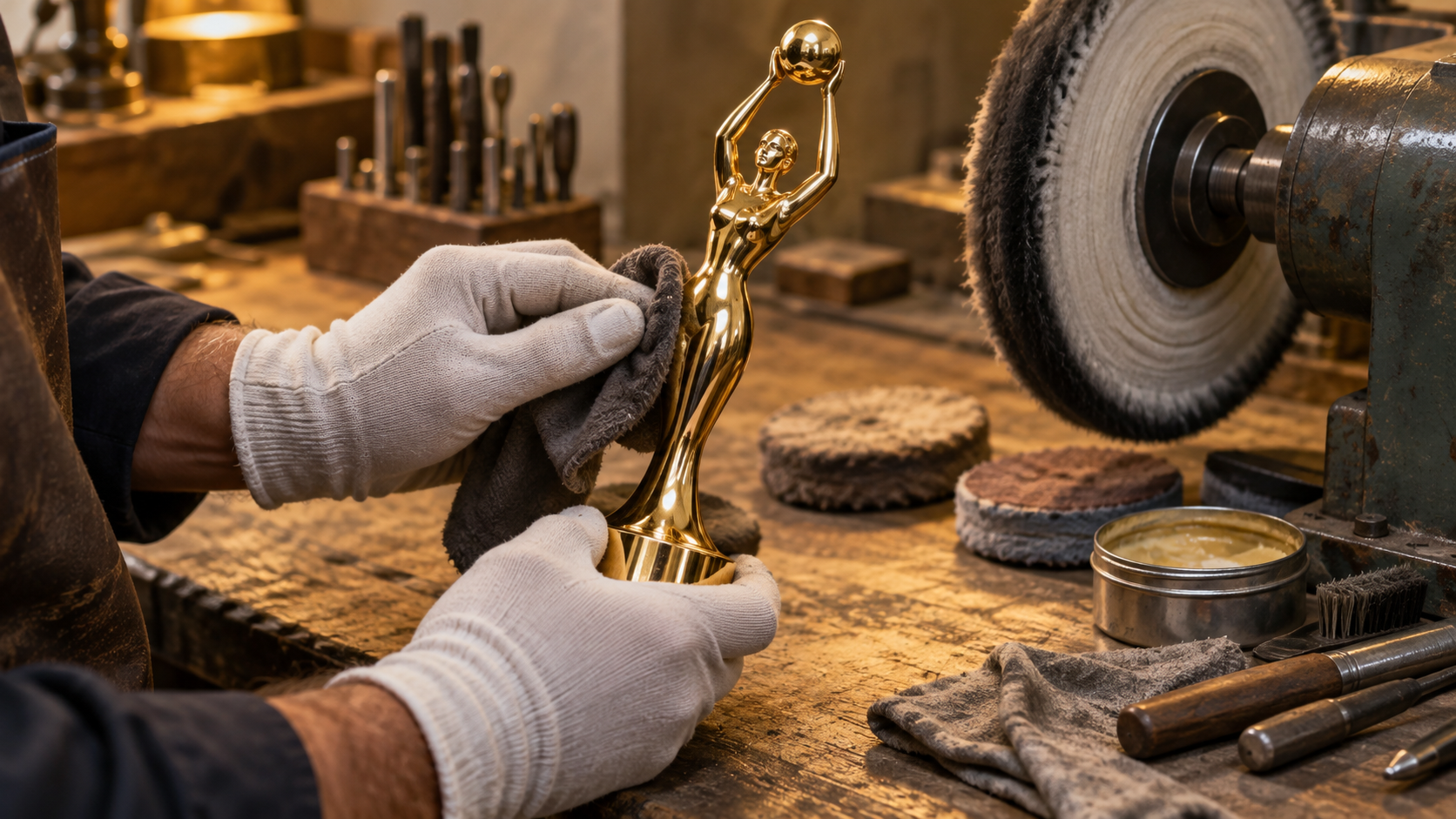Mains gantées polissant une petite statuette de métal doré sur un établi d’atelier, outils et disque à polir autour.