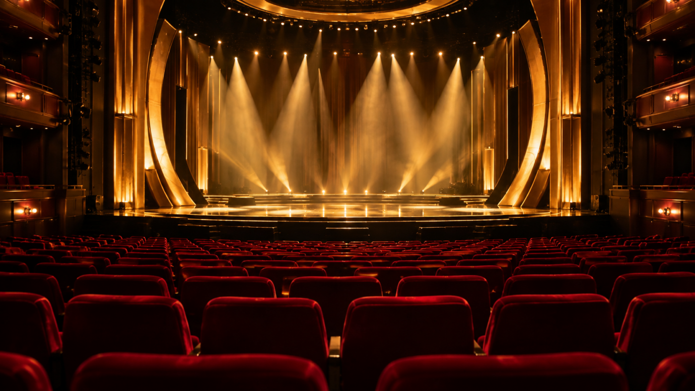 Salle de spectacle vide la nuit, rangées de sièges rouges et scène balayée par des projecteurs dorés.