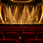 Salle de spectacle vide la nuit, rangées de sièges rouges et scène balayée par des projecteurs dorés.
