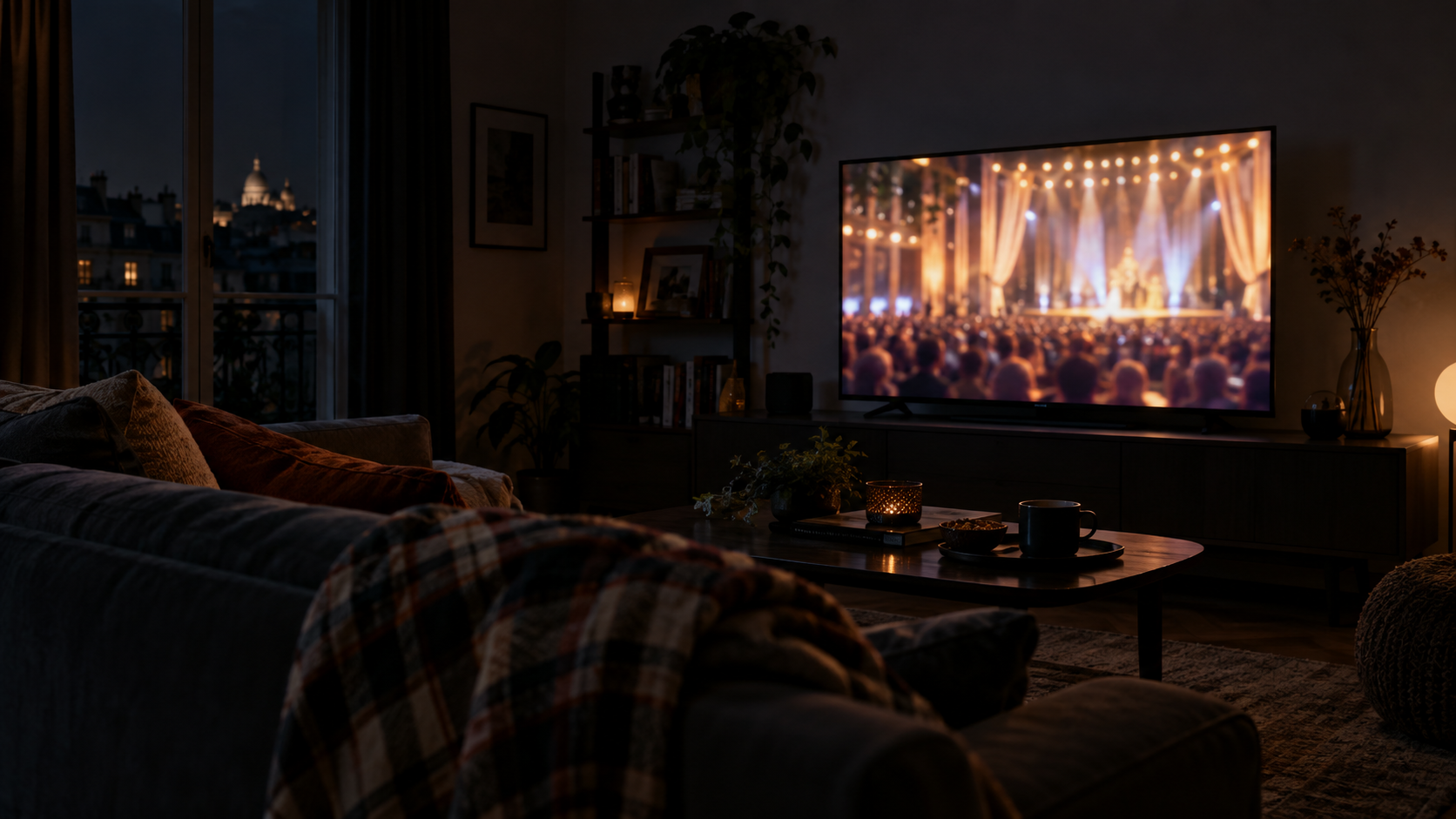 Salon plongé dans le noir, téléviseur allumé et plaid posé sur le canapé au milieu de la nuit.