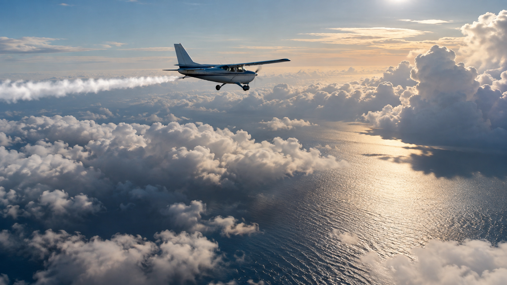 Un avion léger survole une couche de nuages épais au-dessus de la haute mer, une traînée blanche derrière l'aile.