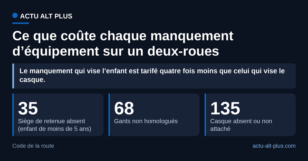 L’absence du siège de retenue exigé avant cinq ans se paie 35 euros, quatre fois moins que le défaut de casque. Montants forfaitaires hors minoration et hors majoration.