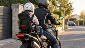 Le code n’impose aucun âge minimum pour un enfant à moto, mais un siège de retenue avant cinq ans