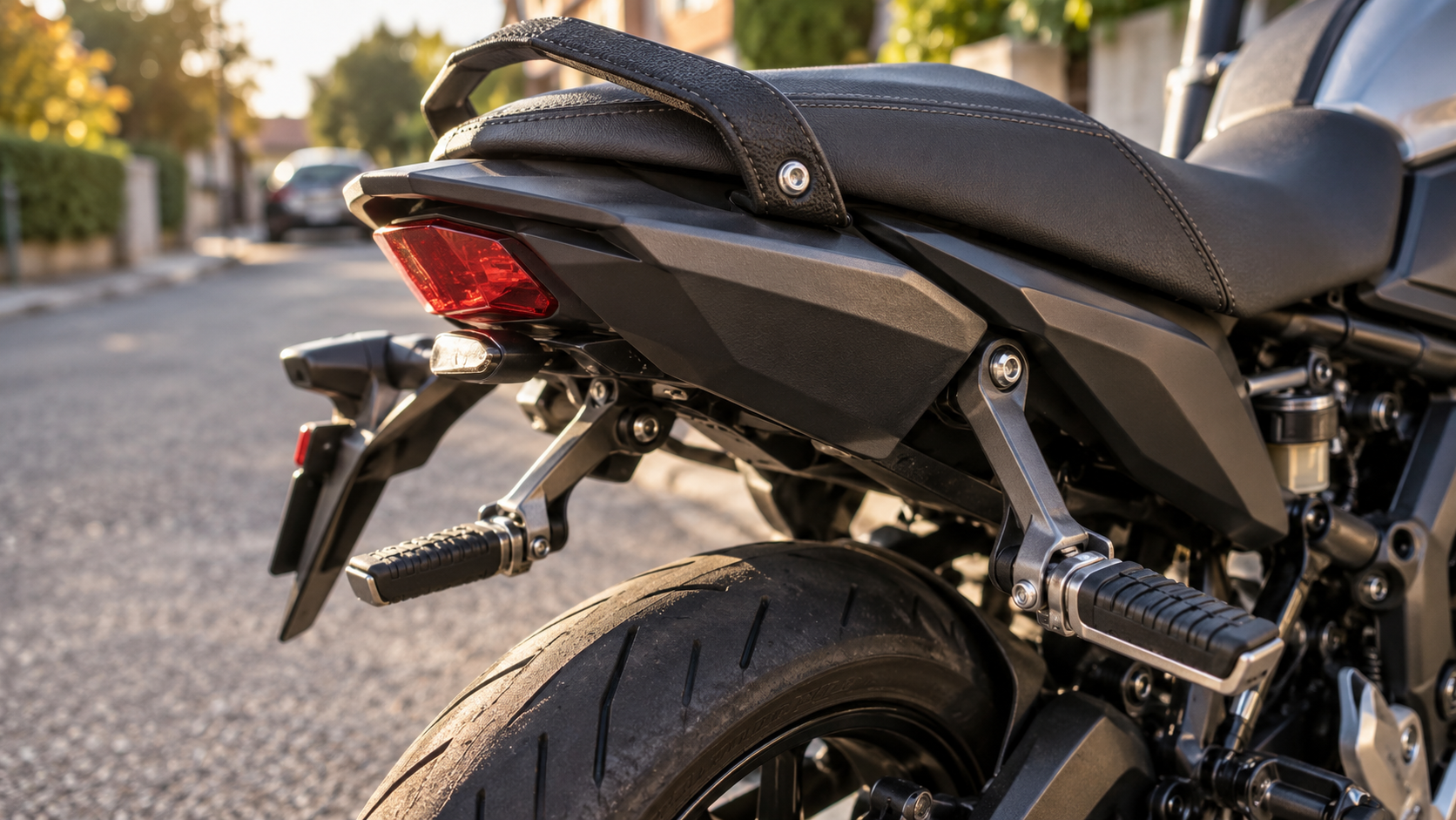 Gros plan sur les deux repose-pieds dépliés et la poignée de maintien de la selle passager d’une moto.