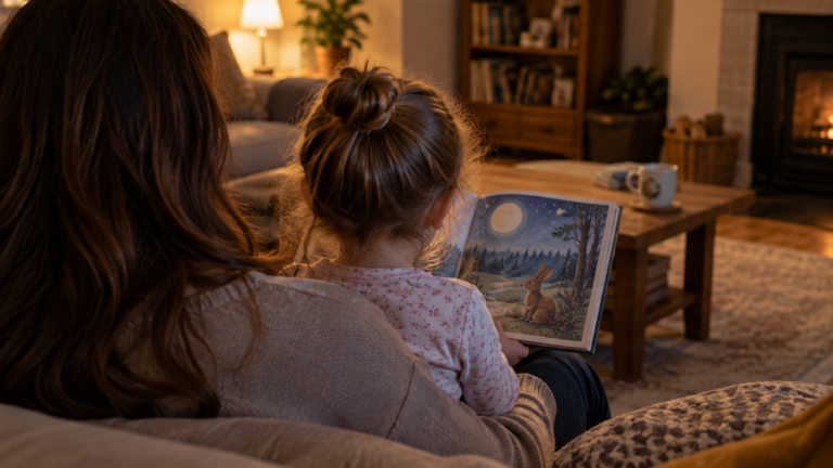 Un jeune enfant vu de dos, assis sur les genoux d’un adulte, un album illustré ouvert devant eux dans un salon le soir.
